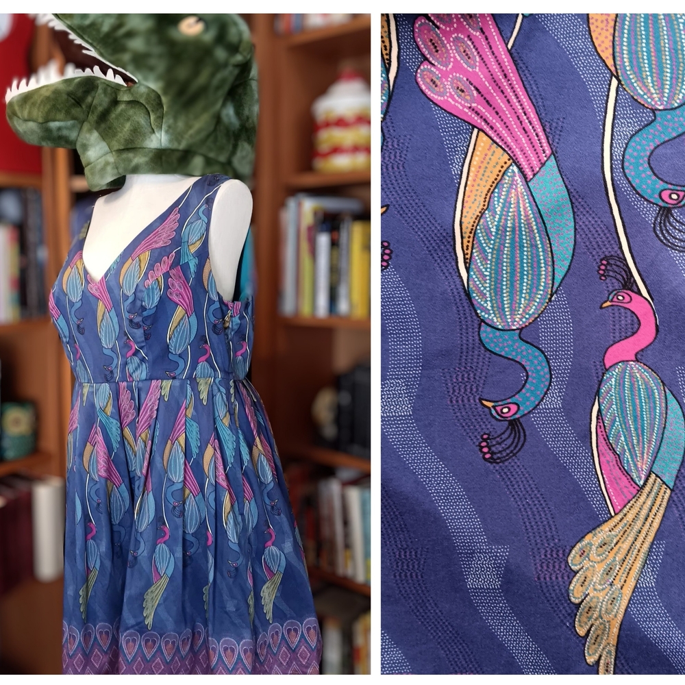 Modcloth "Bijou Joys" Peacock Print Sleeveless Fit And Flare Midi Dress Pockets